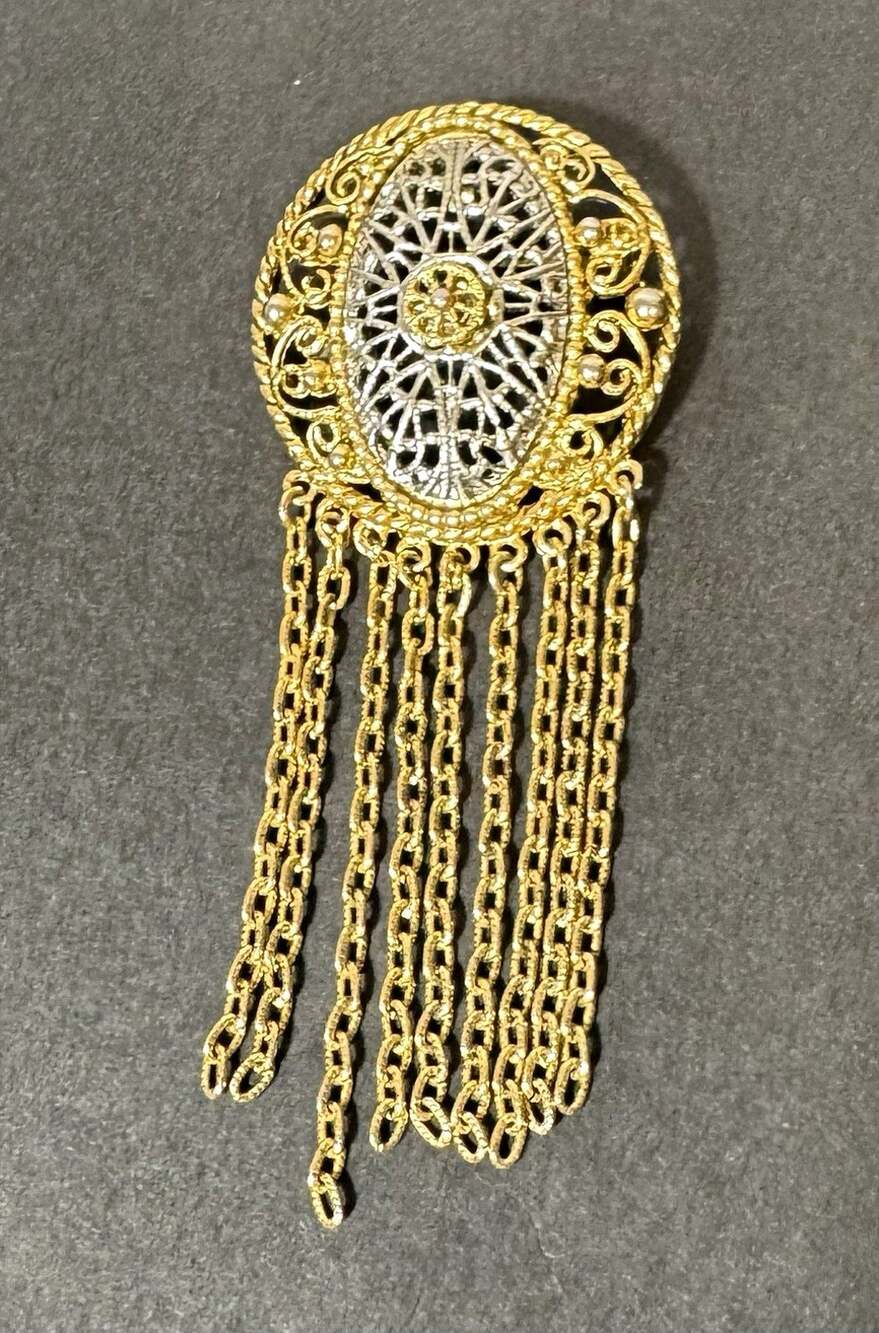 Vintage Signed Hobe Gold Silver Tone Filigree Chain Fringe Pin Brooch Pendant